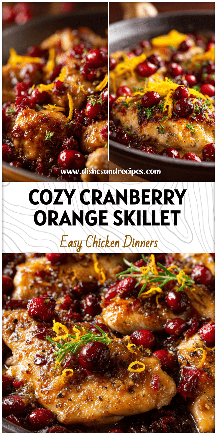 Golden Skillet Orange Chicken topped with cranberries and orange zest served as a cozy November citrus main dish